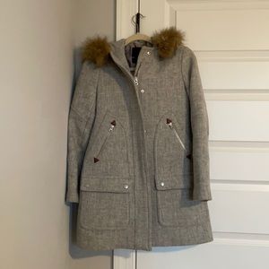 J. Crew Heather Gray Puffer Jacket with Brown Faux Fur
